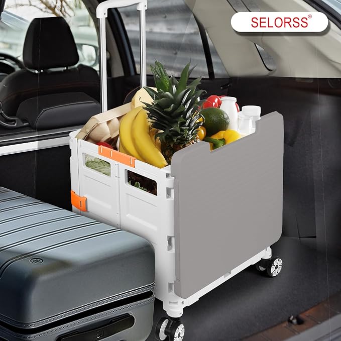 Foldable Utility Cart Folding Portable Rolling Crate with Magnetic Extended Lid,360°Rotate Wheels,176LBS Load Capacity,Heavy Duty Durable Dolly Cart for Teacher Tourist Shopping Office Outdoor(White)