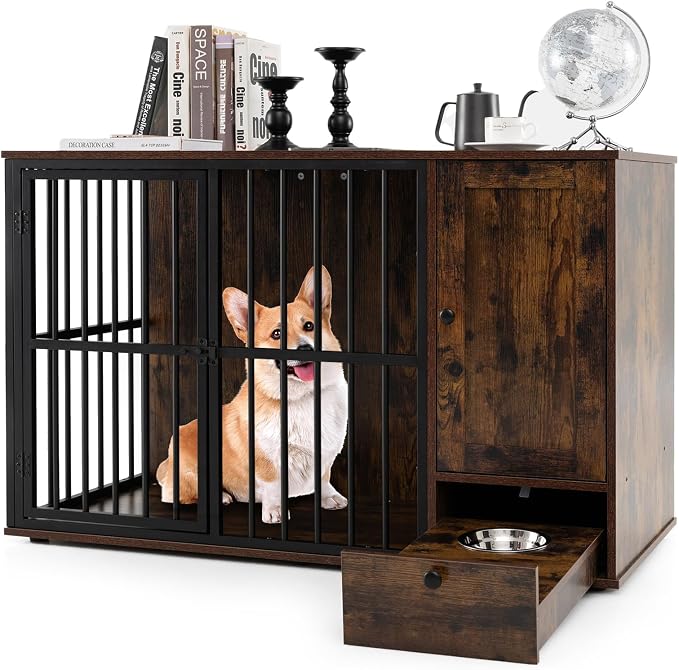 PETSITE 47.5-inch Dog Crate Furniture, Heavy-Duty Wooden Dog Kennel with Hidden Bowls in Pull-Out Drawer, Storage Cabinet, and Chew-Resistant Metal Frame, Industrial Style for Small & Medium Sized