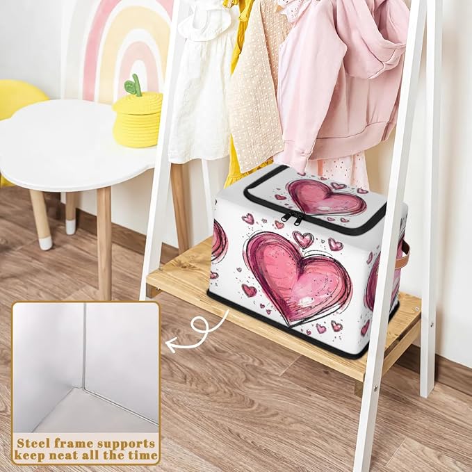 Pink Heart Storage Bins With Zipper Lid, Collapsible Trunk Organizer, Car Organizers and Storage Bins with Lids, Valentine‘s Day Decorative Storage Boxes with Handle, Home Storage Baskets