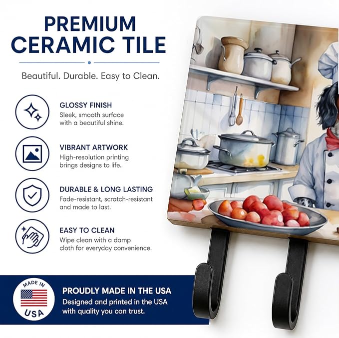 Caroline's Treasures English Setter The Chef Leash or Key Holder Wall Hooks, Key Hooks Holder, Coat Rack Wall Mount, Coat Hooks, Hooks for Hanging Keys, Towels, Aprons, Leashes | English Setter The Chef artwork on ceramic tile with three steel hooks fo...