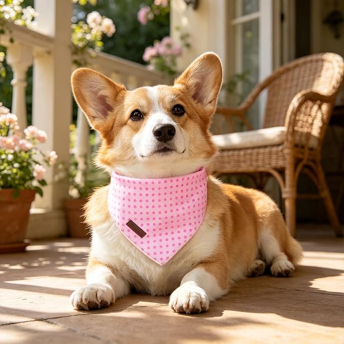Pink Polka Dog Bandana, UP URARA PUP Puppy Bandana for Small,Medium Dog, Comfortable Cotton Triangle Bid Scarf Dog, Pet Kerchief for Girl Female Dogs or Cats, Fancy Fall Classic Dog Bid Scarf