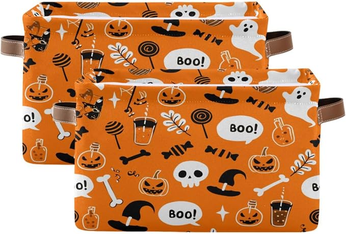 Kigai Storage Basket, Fabric Collapsible Closet Organizer Bin | Halloween Pumpkin Waterproof Foldable Canvas Basket with Handles for Shelves, Nursery, Closet, Bedroom & Bathroom