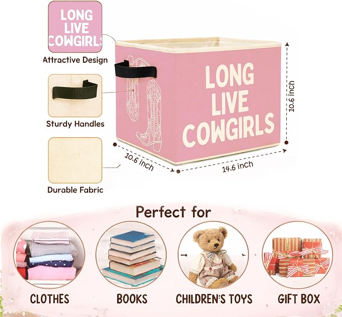 Cowgirl Storage Bin, Foldable Fabric Basket for Girls Room Nursery | Foldable fabric storage bin with cowgirl boots design for toys, books, clothes, nursery, bedroom, and playroom use.