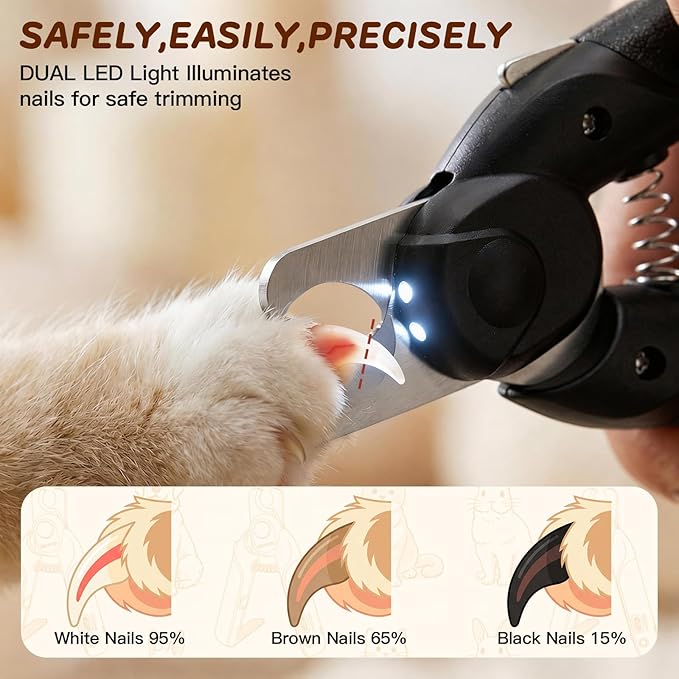 Dual-LED Pet Nail Clippers with Stepless Brightness Adjustment, Side Lock & Retractable File, Anti-Slip Handles for Dogs and Cats (Black)