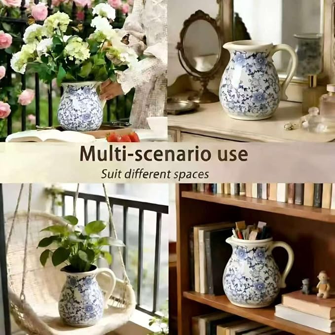 Farmhouse Ceramic Utensil Holder, 6.1"Rustic Cooking Utensil Holder | Utensil Organizer Crock with Handle for Kitchen Counter, Vintage Countertop Home Decor, Flower Pot, Spoon Tool Tray
