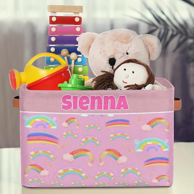 Personalized Kids Toy Box Name, Custom Nursery Baskets Cubes Box, Girls Custom Storage Basket Laundry Baskets Organizer with Handles, Painted Colorful Rainbow with Cloud Pink Background