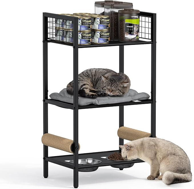 Cat Feeding Station Furniture with Scratching Post, 3-Tier Cat Food Organizer & Storage, Raised Feeding Stand with 2 Stainless Steel Bowls, Space-Saving Cat Shelf for Small Spaces, Black