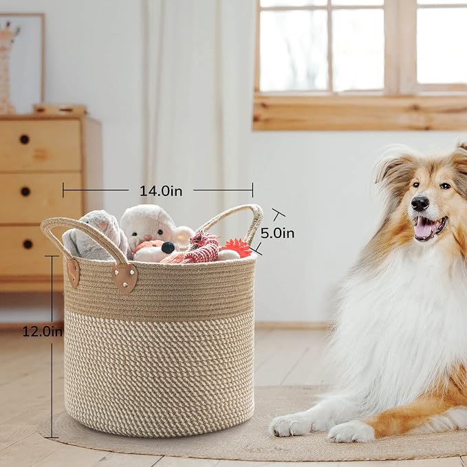 CHICVITA Wicker Storage Basket with Leather Handles, 14" x 12", White | Decorative Woven Basket for Toys, Shoes, Blankets & Laundry Storage, Living Room & Bedroom Organizer, Indoor Plant Basket