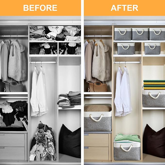 Storage Basket for Organizing - 15.7x11.8x8.2 inch Large 3 Pack Collapsible Storage Bins for Shelves, Fabric Storage Cubes for Gift Closet Linen Organization (White & Grey)