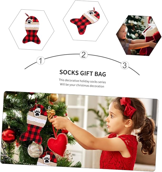 Gogogmee 1pc Christmas Stocking Pouch Bag and Red Plaid Design for Pet Holiday Storage and Decorations for Filling Treats and Presents