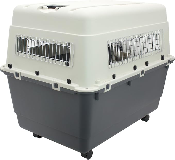 SportPet Airline Compliant XXX-LARGE 48" Travel Dog Kennel-Durable Plastic Airline Pet Carrier w/Removable Wheels & Food Bowls, Collapsible Indoor/Outdoor Dog Kennel, Dogs up to 44"L & 33"H-Cream/Gray