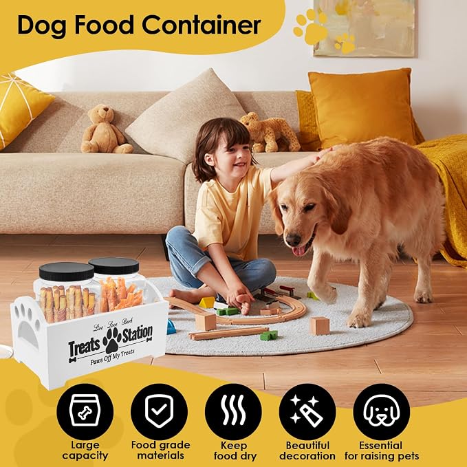 Dog Treat Container With 2 Plastic Jars, Farmhouse Pet Food Storage Organizer for Dogs and Cats (White)