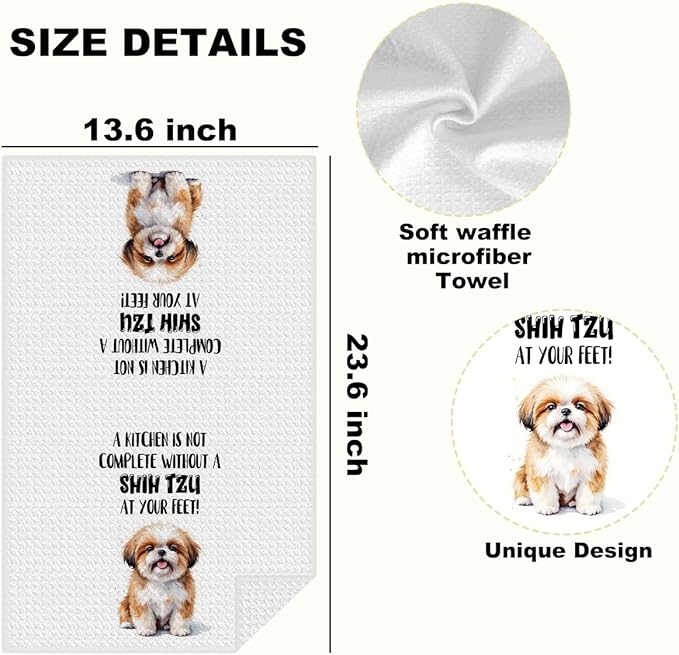 2 Pcs Funny Dog Kitchen Towels, Cute Shih Tzu Decorative Absorbent Microfiber Dish Cloth Tea Towel, Waffle Soft Hand Towels for Kitchen Home Bathroom Decor, Dog Lover Gifts