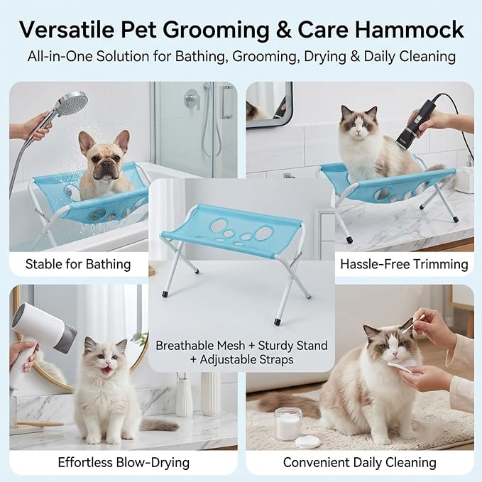2-in-1 Foldable Pet Grooming Bed, Pet Comfort Grooming Stand，Gray | Foldable Pet Grooming Hammock, Bathing Stand with Breathable Mesh for Nail Trimming, Bathing, Haircuts, Easy Assemble