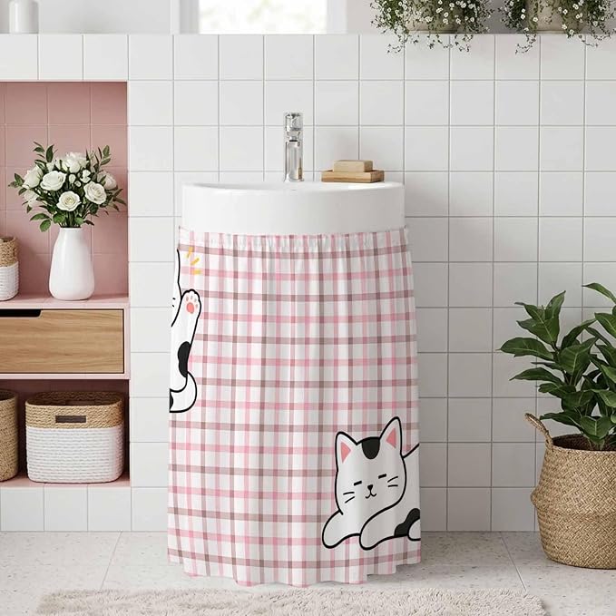 Cute Cat Oven Skirt Curtain for Kitchen Decor 28"x35", Pink Brown Checked Modern Pet Cats Rustic Self Adhesive Stove Curtains Skirt Cabinet Curtains for Bathroom Laundry Room