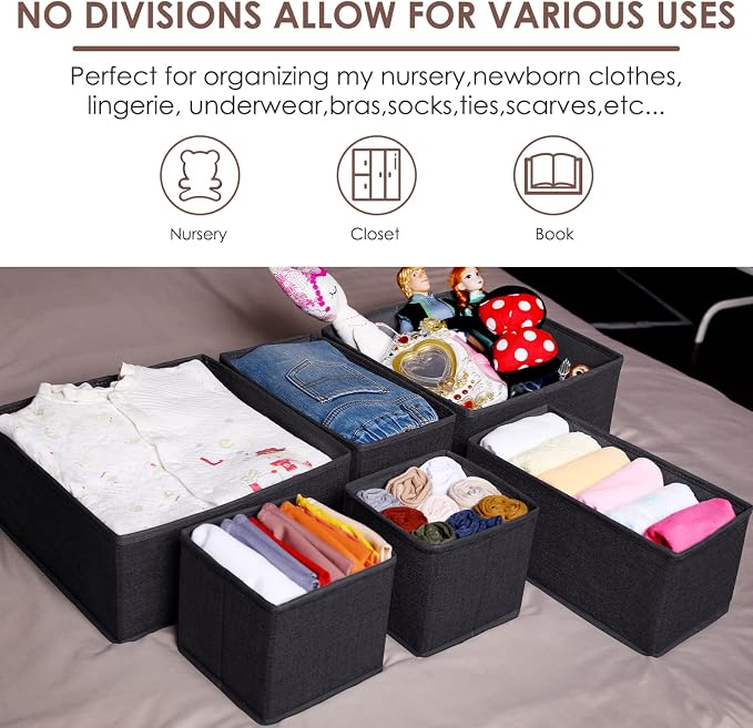 6 Pack Clothes Drawer Organizer Dividers, Fabric Foldable Closet Dresser Drawer Organizer for Clothing, Bra Sock Underwear Drawer Organizer for Nursery Bedroom Organization (6 Bins, Black)