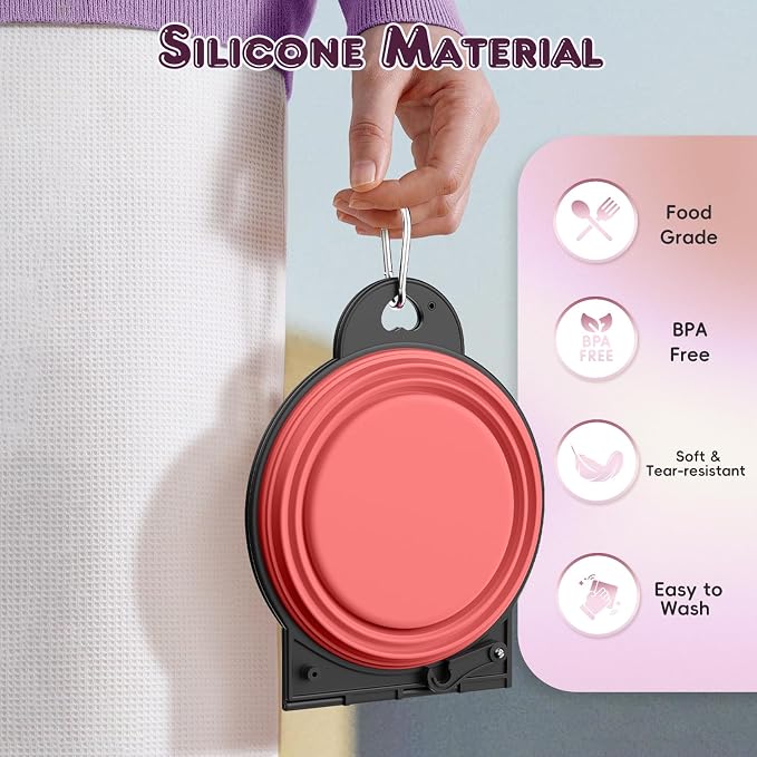 Pawaboo 2-in-1 Collapsible Dog Bowls, 180° Flip Over Dual Puppy Bowls | Food and Water Portable Silicone Dog Bowl with Metal Hook, 450ml Pet Travel Feeder Bowl for Walking Hiking Camping,Light Pink