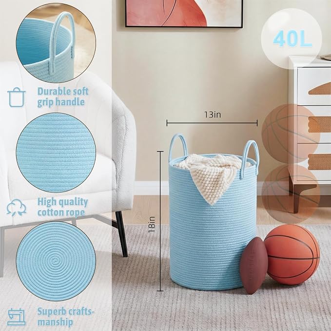 Laundry Basket,Woven Cotton Rope Laundry Hamper,40L for Decor Storage of Dirty Clothes,Toys and Blankets in Bathroom,Baby Room and Living Room