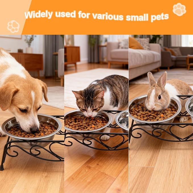 Small Dog Bowls with Metal Stand for Small Breeds Cats and Puppies 3.4 Inch Fixed Height Elevated Feeder with 2 Removable Stainless Steel Bowls