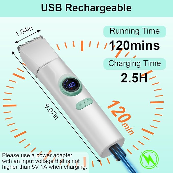 TBTeek Dog Clippers with LED Light, Cordless Dog Grooming Kit 5 in 1, Rechargeable Quiet Pet Clippers Paw Trimmer Nail Grinder for Body Face Ears Paw Nail
