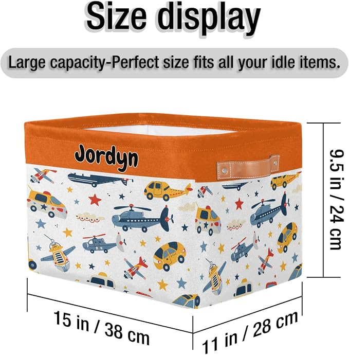 Personalized Storage Basket with Name, Rectangle Toys Storage Bin with Handles for Baby, Boys, Girls, Collapsible Basket for Clothes, Books, Cartoon Planes Car Taxi