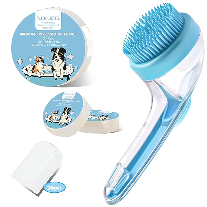 Dog Bath Brush with Shampoo Dispenser - 4-in-1 Pet Bath Brush & Grooming Kit, Dog Shampoo Brush, Includes Silicone Scrubber Pet Shower Brush, Compressed Towel, Wipes & Tablets for Cat Shower