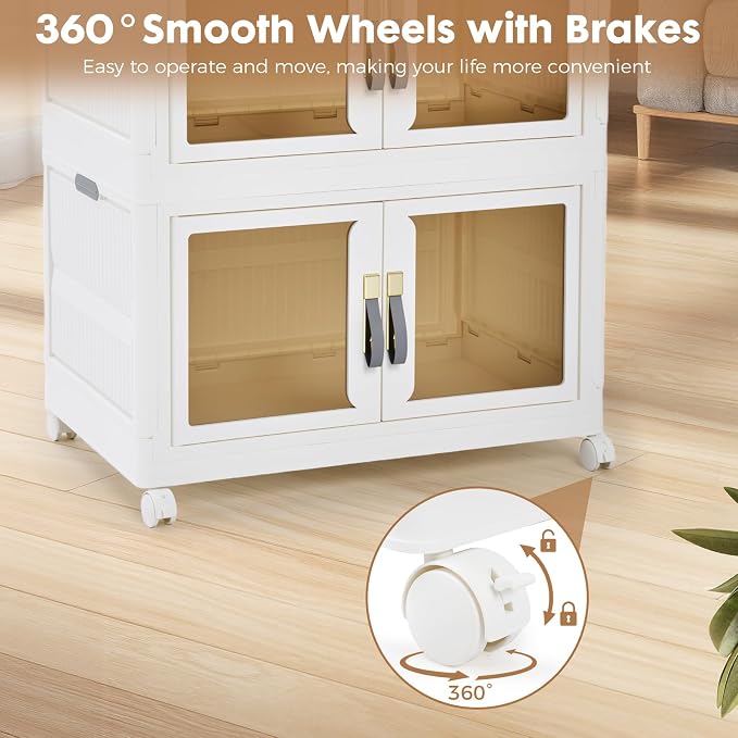 Portable Storage Closet Cabinet, Easy Assembly Wardrobe Organizer with Visualization Doors, Drawers, Hanging Rods, Rolling Wheels for Pet Dog Clothes, Toys