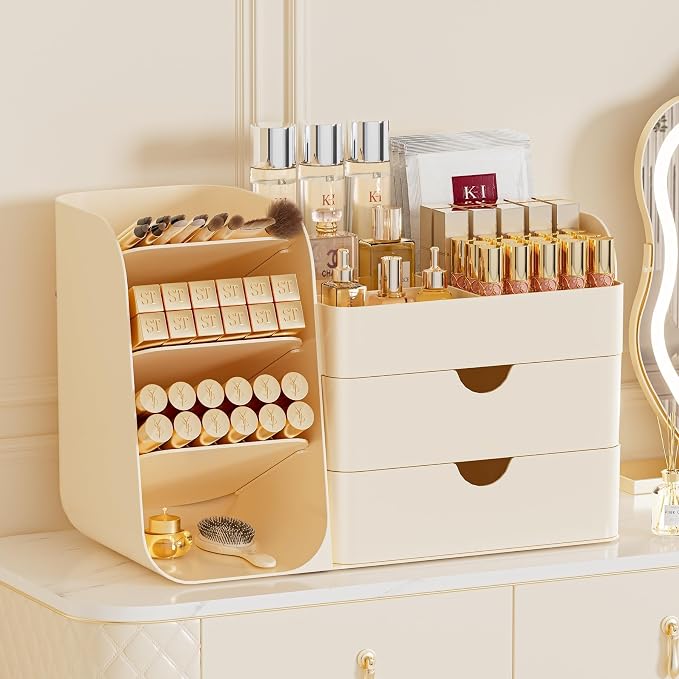Cute Makeup Organizer Countertop for Vanity Bathroom Organizer, Cream | Beauty Organizers and Storage with Brush Holder and Drawer, Make up Organizer for Perfume Lotions Psticks, Eyeshadow Palettes