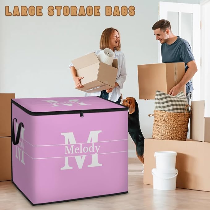 Personalized Name Large Storage Basket with Lid, Pink Canvas Storage Bins Quilt Clothes Organizer with Initial Letter for Bedroom, Kitchen, Bathroom, Nursery, Shelves, Closets