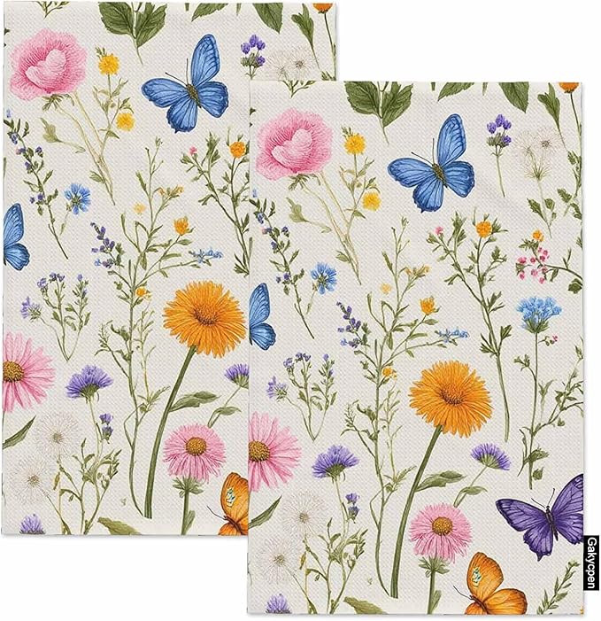 Vintage Floral Waffle Kitchen Dish Cloths Herbs Wild Flowers Botanical Colorful Ultra Soft Absorbent Quick Drying Dish Towels 16 X 24 Inches Set of 2