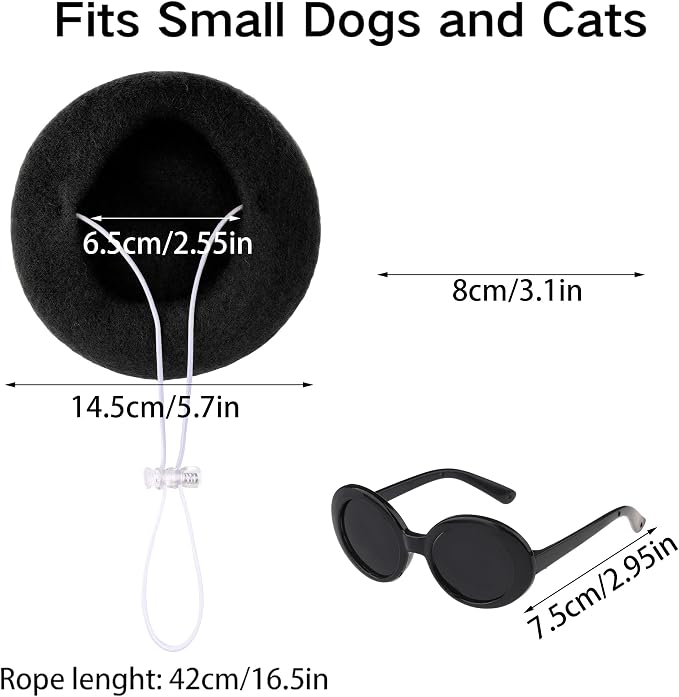 Dog Beret Set Including Dog Beret Satin Scarf Funny Glasses Pet French Artist Beanie for Small Dogs Cats Halloween Christmas Cosplay Party (Black)