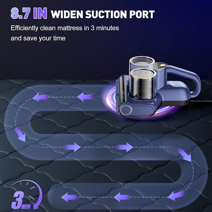 Gxzsk Mattress Vacuum Cleaner, 16kPa Bed Vacuum Cleaner, Handheld Vacuum | 253.7nm UV-C Light, Ultrasonic & 140℉ Heating, Dual Cup & Widen Suction Port for Bed, Sofa, Couch, Crib (500W, Corded)