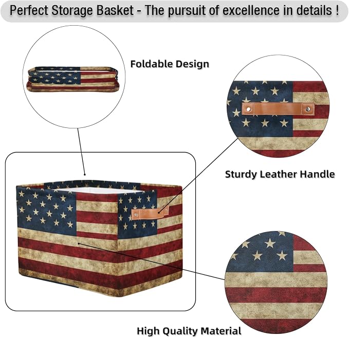 American USA Flag Storage Baskets with Handles Fabric Storage Boxes Collapsible Nursery Basket for Shelf Book Cloth 15 X 11 X 9.5 IN Closet Organizer Bins