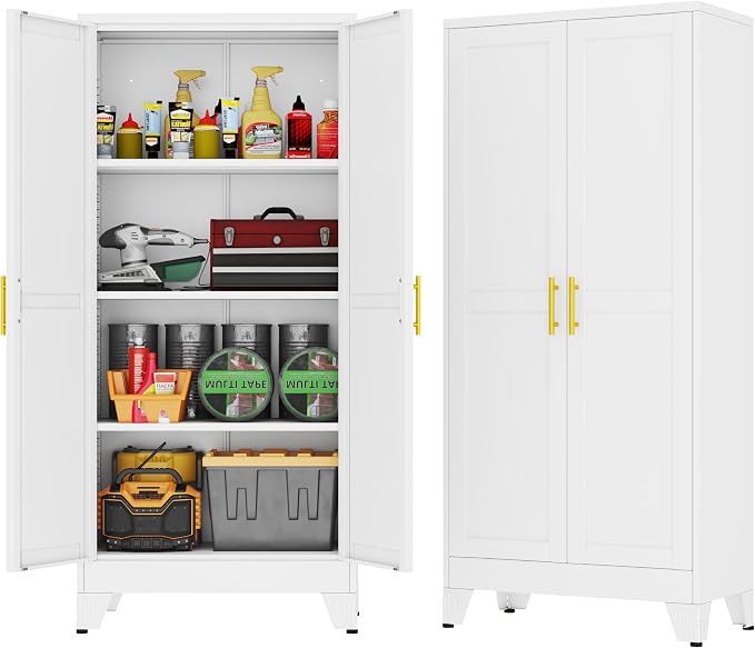 GAIOUS 61''Tall Metal Garage Storage Cabinet,File Cabinet with Door and Adjustable Shelves, Outdoor Steel Tool Cabinet for Home,Office,Warehouse,Garage,White