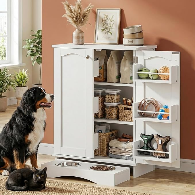 Dog Storage Cabinet with Bowls, Pet Food Storage Cabinet with Adjustable Shelves, Hidden Dog Feeding Station with Hooks, Letter Stickers, Pet Storage Organizer for Cats and Dogs