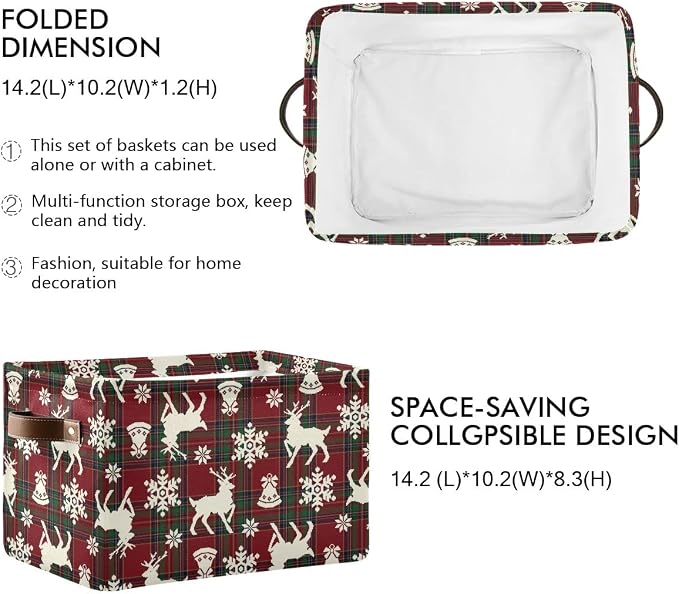 Christmas Bells Reindeer Storage Basket Fabric Laundry Baskets Winter Snowflake Xmas Red Green Buffalo Plaid Storage Boxes Organizer Bag for Cloth Toy Book Storage Cubes Shelf Closet Bins 16×12×8