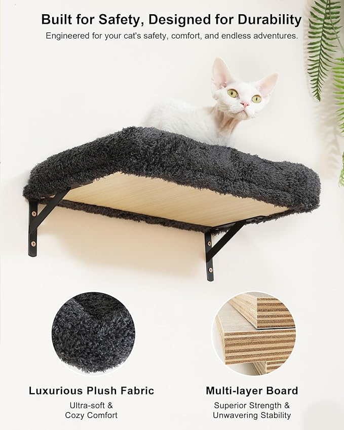 FUKUMARU Cat Wall Shelves Set, 70 inch Wall Mounted Tree, Grey | Kitten Scratching Post with Soft Cushion Perch, Space Saving Climbing Wall Furniture for 16 Inch Drywall