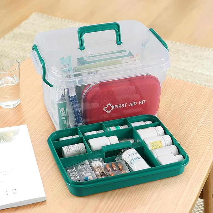 Plastic Medicine Storage Kit with Tray, First Aid Storage Box | Portable 1-Pack Household Med Organizer with Handles, Stackable Clear Household First Aid Organizer