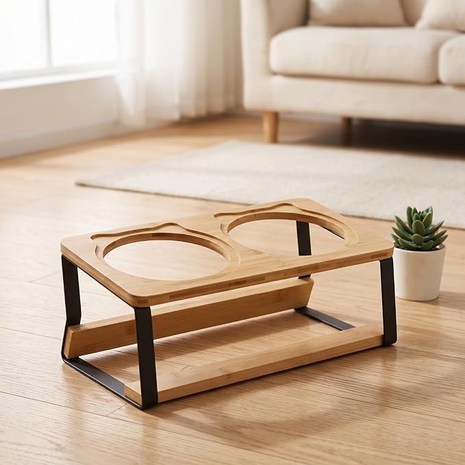 Cat Bowl Stand Elevated Feeder Raised Holder Double Dish Organizer Bamboo Wood and Iron Slanted Design with Stable Base Suitable for Cats and Small