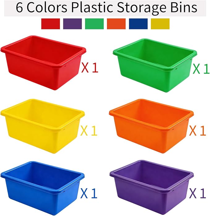 Nexboraque 6 Pack Colored Bins with Lids | 5 Qt Plastic Cubby Bins Storage Bins Stackable Toy Bins Organizer for Classroom, Home