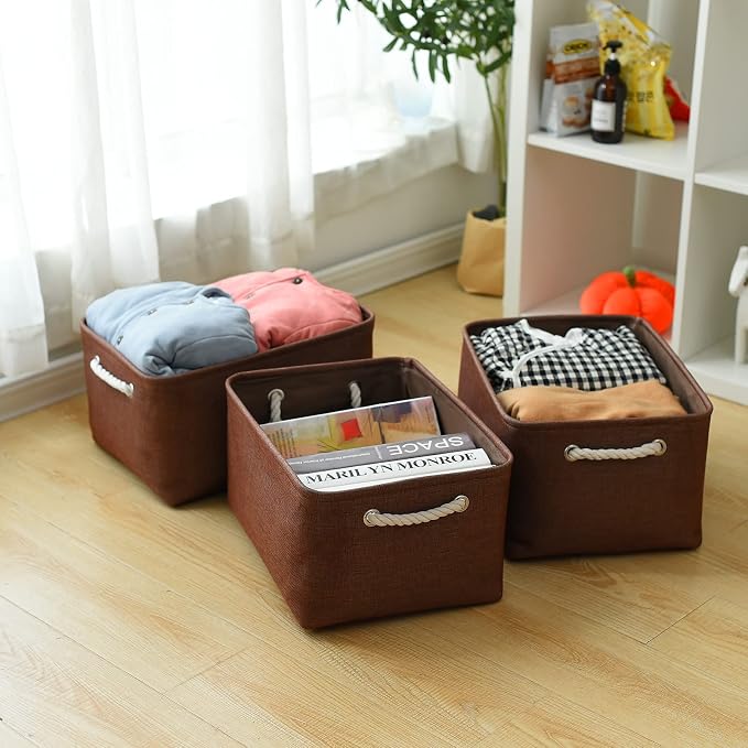 Decorative Basket Rectangular Fabric Storage Bin Organizer Basket with Handles for Clothes Storage (Brown,Large-3Pack,15.7L*11.8W*8.3H)