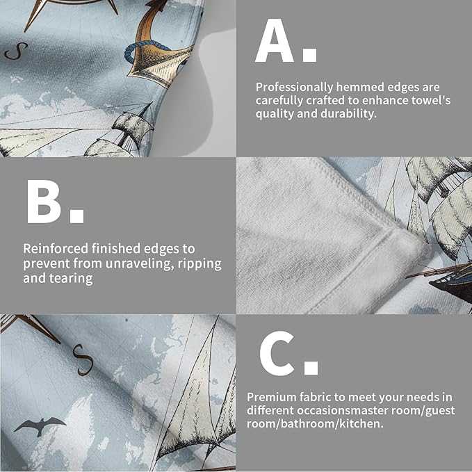 Giwawa Vintage Nautical Compass Hand Towel Blue Soft Sailing Ship Towel Set of 2, World Sea Map Boat Facecloth Ocean Anchor Lighthouse Home Decor, Bathroom Hotel Spa Gym Guest Washcloth Columbus Day