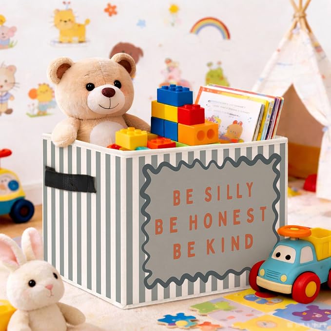 Kindness Storage Bin, Foldable Fabric Basket for Kids Room Nursery | Foldable fabric storage bin with kindness quote design for toys, books, clothes, nursery, bedroom, and playroom use.