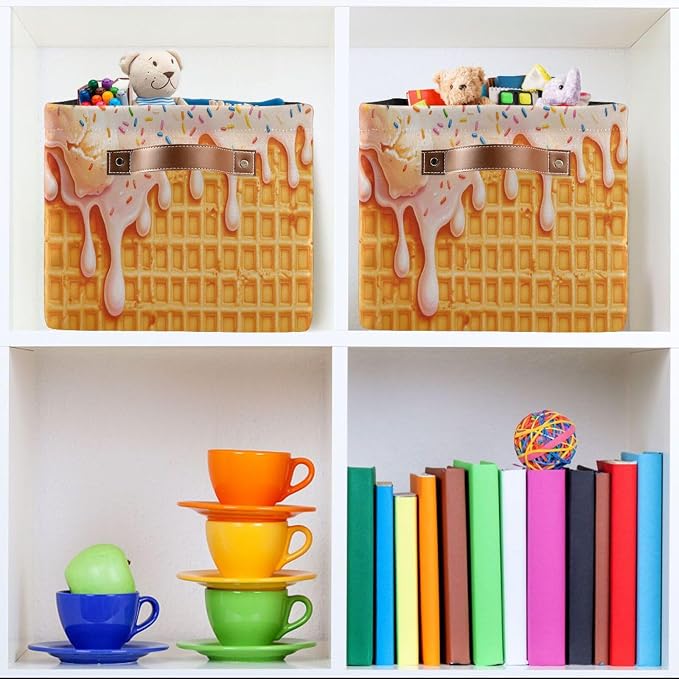 Icecream Waffle Yellow Rectangular Storage Bin Basket with Handles - Nursery Storage Laundry Hamper Storage Baskets