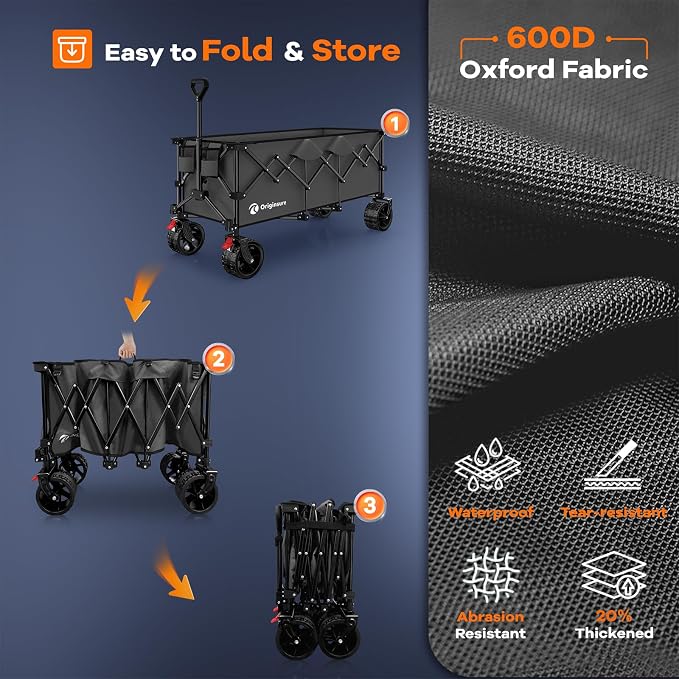 Originsure 300L Beach Wagons Carts Foldable with Big Wheels, 560lbs, Grey | 48" Folding Utility Wagon,7" All-Terrain Wheels,Heavy Duty Frame,Compact&Space-Saving,for Camping,Sports,Grocery,Garden