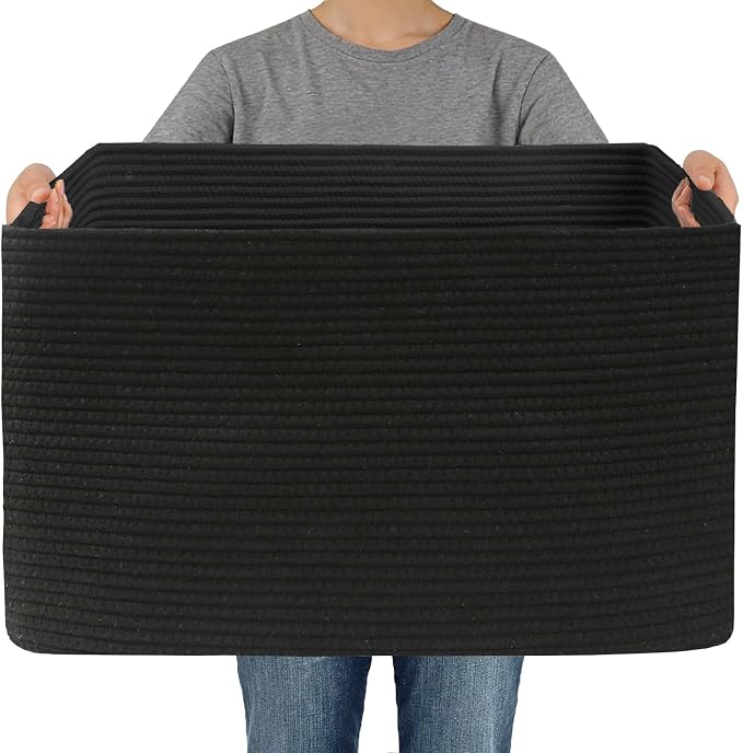 JMvicyroam 65L Large Woven Cotton Rope Blanket Basket, Black | Blanket storage for living room or bedroom use, Freestanding with reinforced handles, Entire basket is machine washable