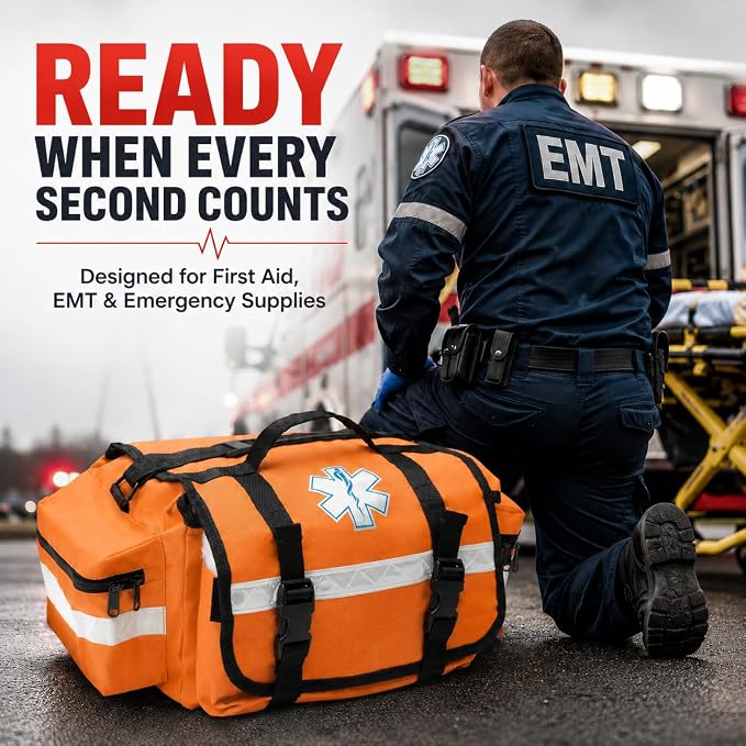 NOVAMEDIC NM-RO63P Professional First Responder Bag, 17” x 9” x 7” Empty EMT Trauma Kit Carrier with Removable Dividers, Reflective Strips, Water-Resistant Base for Emergency Medical Supplies (Orange)