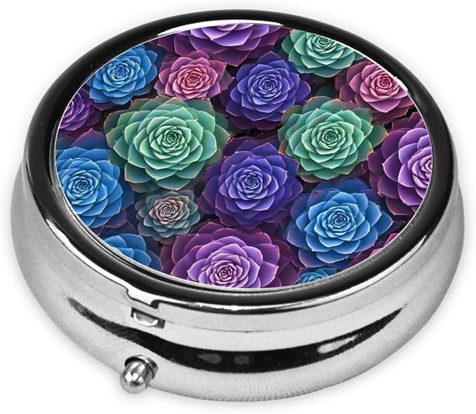 Purse Pill Holder, Cactus Succulent Plants Pattern Round Waterproof Organizer, Compact Case for Vitamins, Travel Pill Box Pocket Use for Active Lifestyles