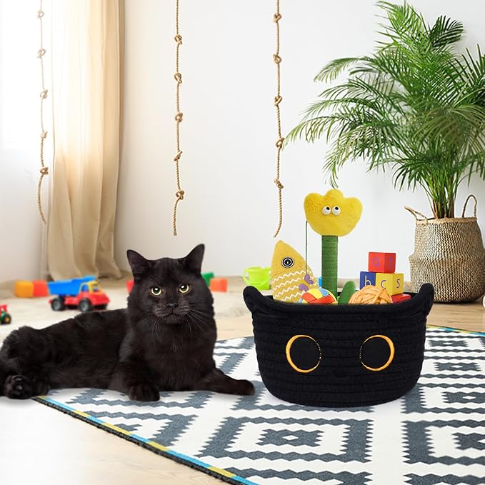 Small Storage Basket, Black Cat Cotton Rope Cute Basket Toy Bin | Woven Blasket for Nursery, Blanket Basket Baby Toy Storage Organizer With Ears for Gifts Cat Dog Bin Toys 8.5×4.5 inches