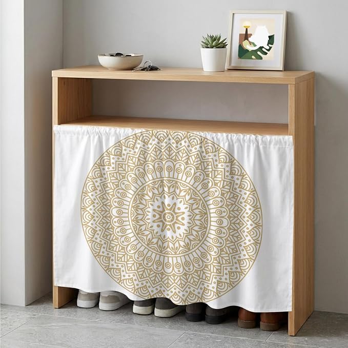 Beige Boho Cabinet Curtain 35"Wx35"L,Dustproof Under Sink Skirt W/ Self Adhesive Tape,Retro Farmhouse Ethnic Abstract Geometric Art Cabinet Curtain Cover for Kitchen Sink,Bathroom Vanity,Laundry Room